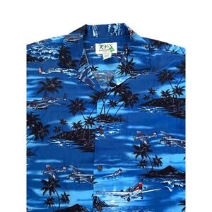 KY'S Mens Hawaiian Shirt XL Blue Cotton Military Aviation Plane WWII